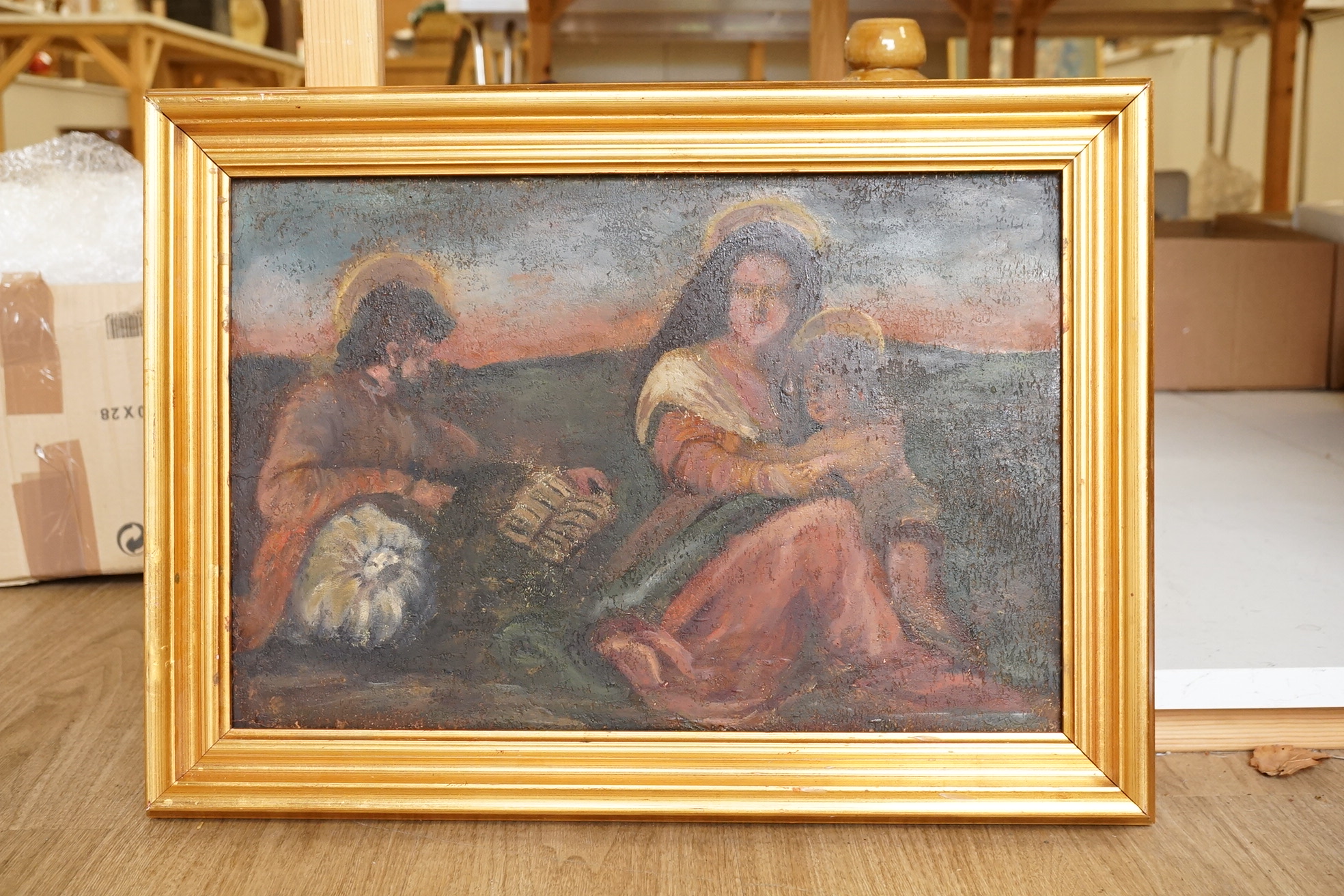 19th century School, Study of three angels before a landscape, naive oil on wood panel, 32 x 47cm